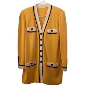 St. John Yellow Santana Knit Long Cardigan Jacket Gold Logo Buttons V-Neck Retro
